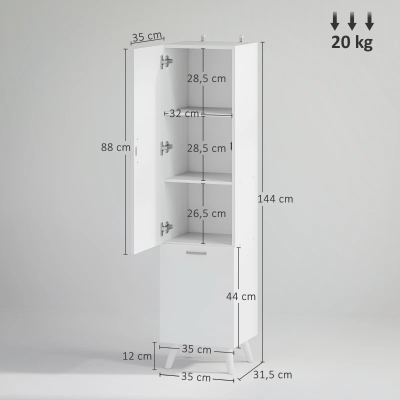 HOMCOM Meuble colonne de salle de bain meuble de rangement avec placards à porte, 35 x 31,5 x 144 cm, blanc
