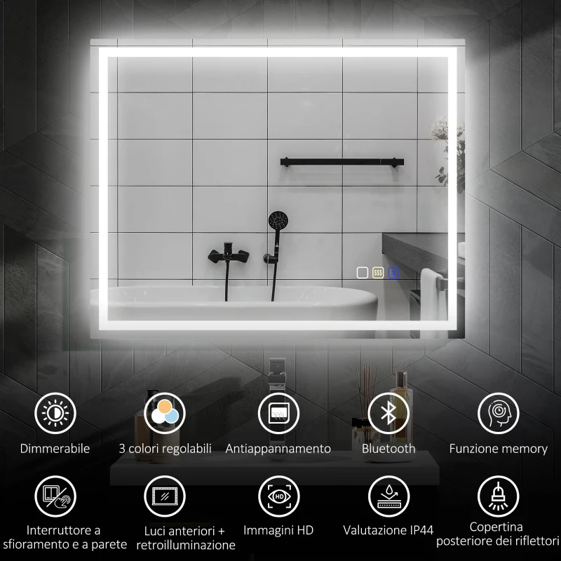 HOMCOM Specchio Bagno Antiappannante con Luce LED Regolabile, Speaker Bluetooth, Pulsanti Touch, 80x100 cm