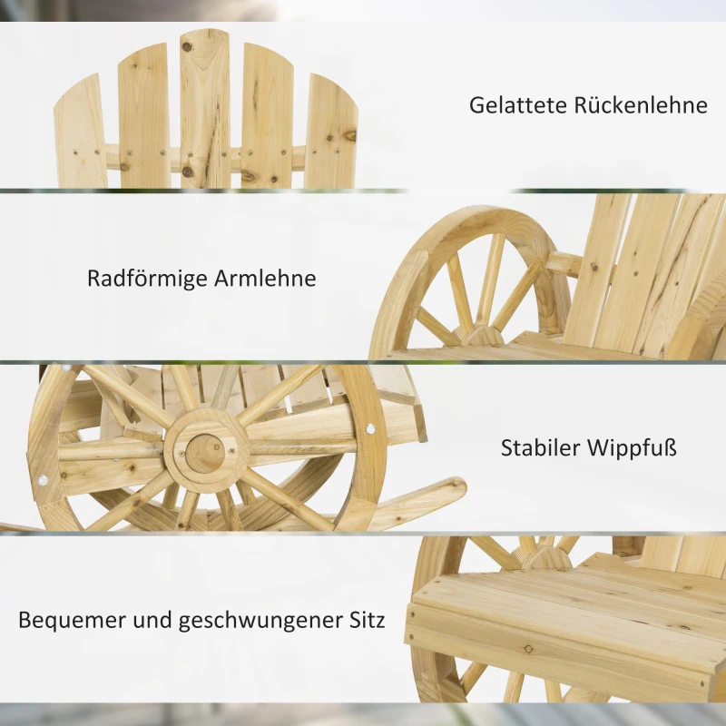 Outsunny Rustikaler Schaukelstuhl, Gartenstuhl, Wagenrad-Design, wetterfest, Tannenholz, 68 x 88 x 92 cm