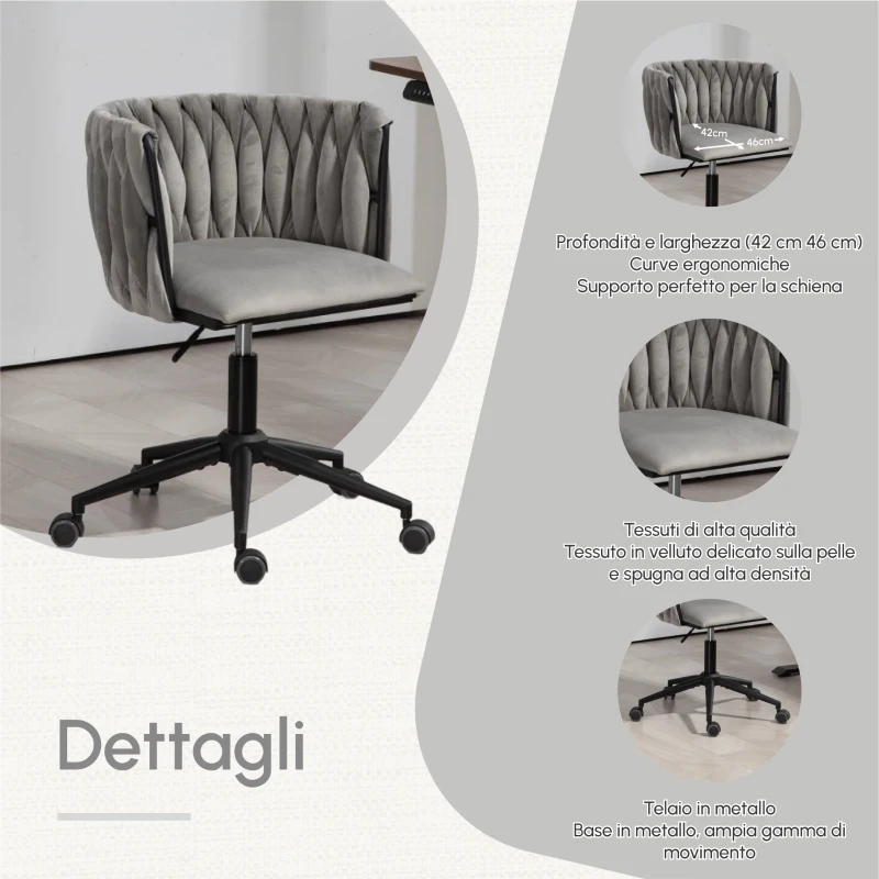 Sedia da Ufficio Morbida in Velluto per Trucco, Poltrona da Soggiorno Girevole ed Ergonomica,Regolabile in Altezza,Grigio