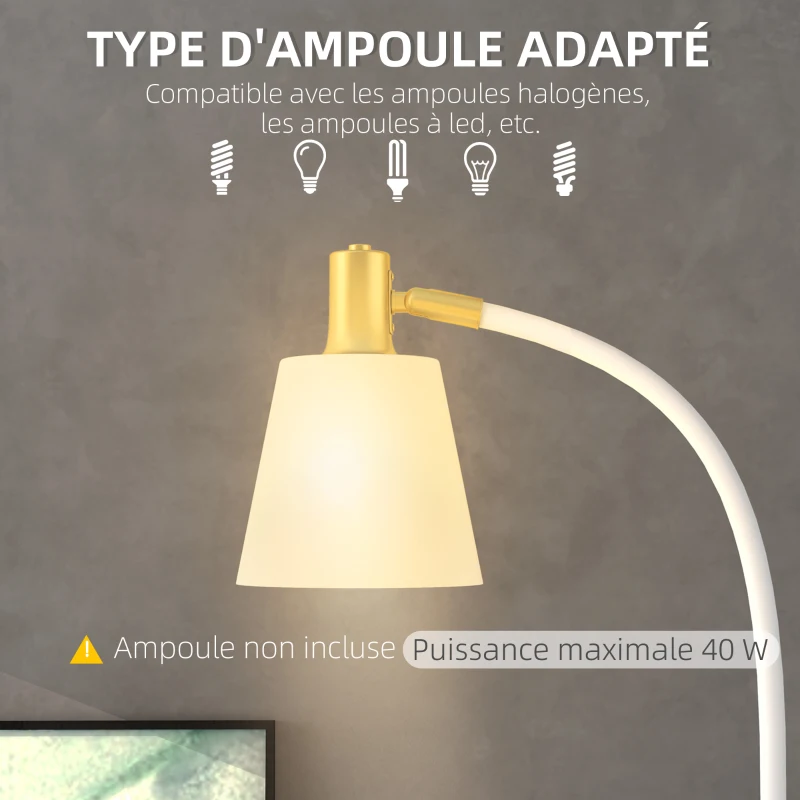 HOMCOM Lampadaire de salon réglable en hauteur 127-160 cm avec interrupteur, douille E27, blanc