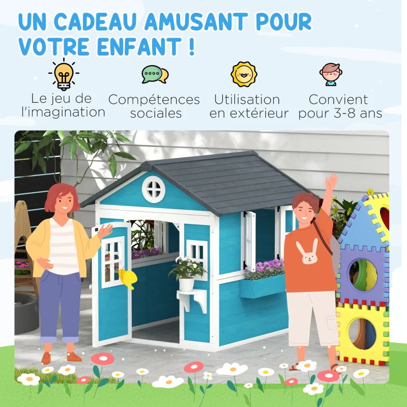 Outsunny Cabane enfant extérieur maison enfant extérieure avec porte fenêtres et jardinières 114 x 126,4 x 135 cm bleu