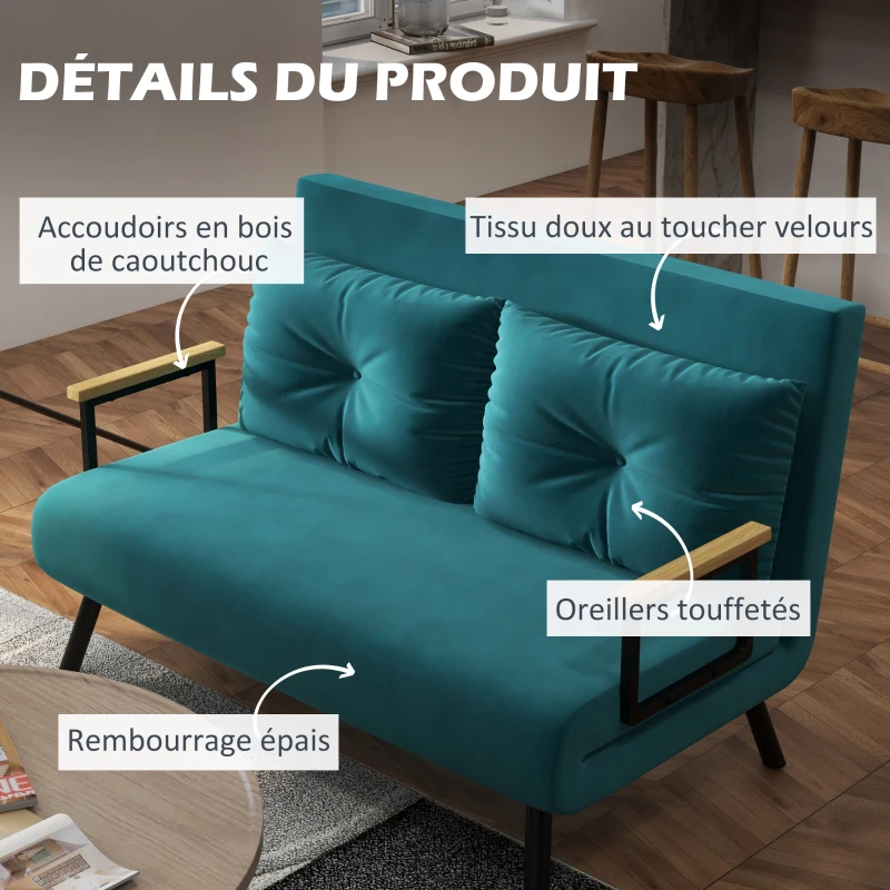 HOMCOM Canapé convertible 2 places avec dossier réglable à 5 niveaux et 2 coussins rembourrés, revêtement effet velours, bleu