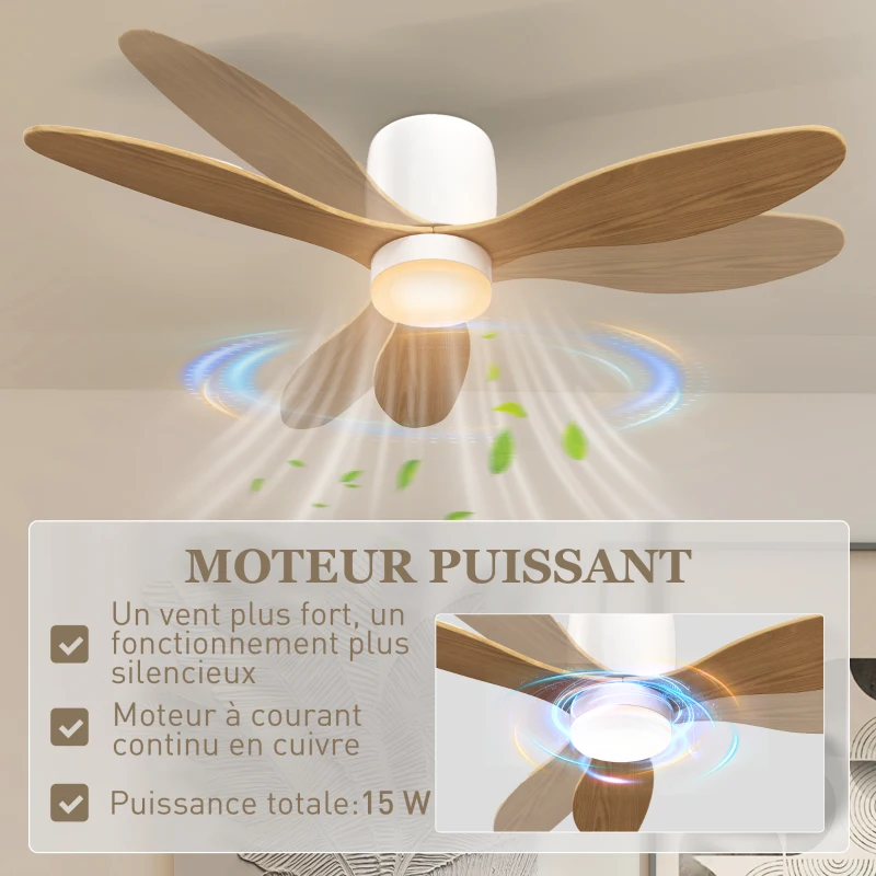 HOMCOM Ventilateur de plafond avec lumière réglable et télécommande 115 cm, 3 couleurs, 3 pales, 6 vitesses, minuterie, naturel