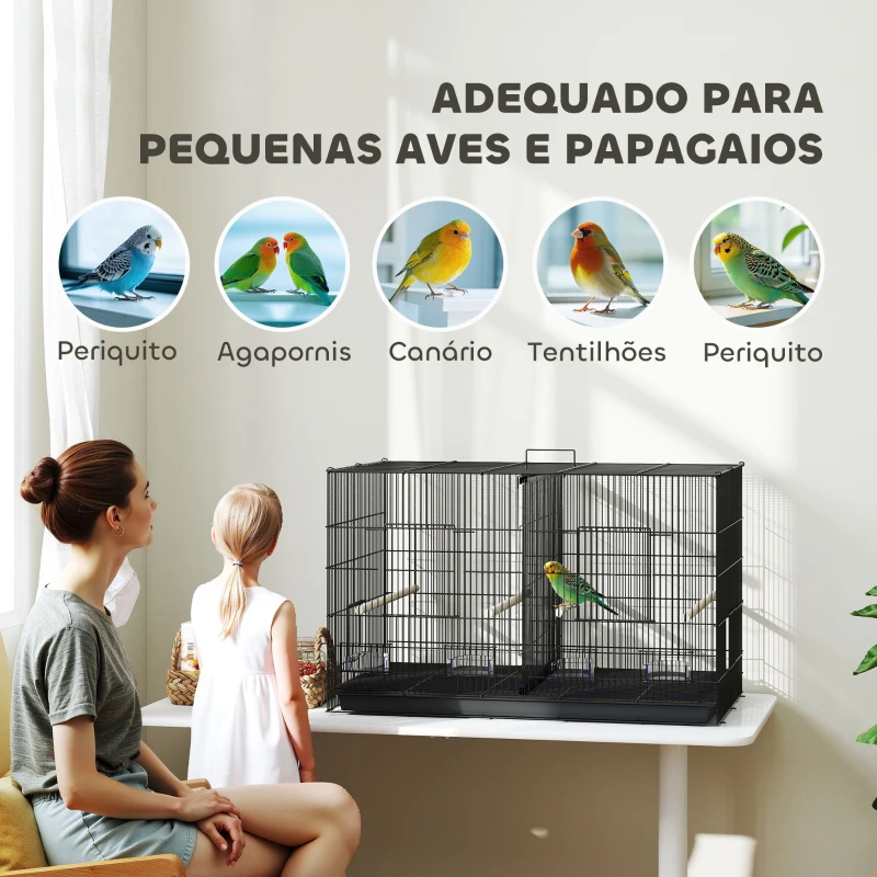 PawHut Gaiola para Pássaros com Divisória com Comedouros Poleiros e Bandeja Removível 94x57x57 cm  Preto