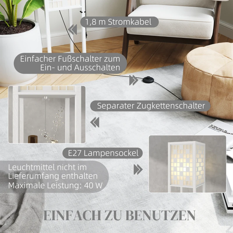 HOMCOM Stehlampe, Gittermuster, 2-Ebenen-Regale, für verschiedene Glühbirnen, Weiß