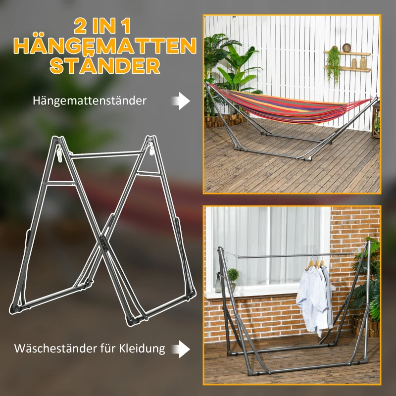 Outsunny 2-in-1 Hängemattenständer, wetterbeständig, Wäscheständer, 290 cm x 92 cm x 88 cm, Schwarz