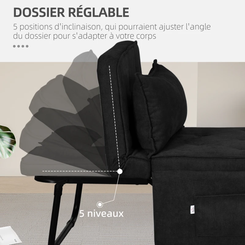 HOMCOM Fauteuil chauffeuse convertible 4 en 1 dossier inclinable 5 position avec coussin 180 x 64 x 40 cm noir