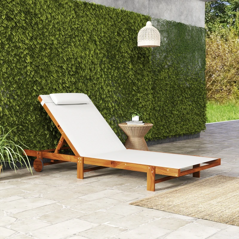 Outsunny Espreguiçadeira Reclinável de Madeira com Rodas com Encosto Ajustável em 4 Níveis 200x84x101 cm Branco e Madeira