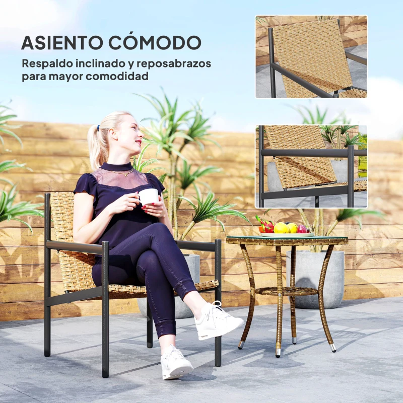 Outsunny Silla de Ratán de Jardín para Exterior con Reposabrazos Estructura de Acero y Respaldo Inclinado 74x61x81 cm Natural