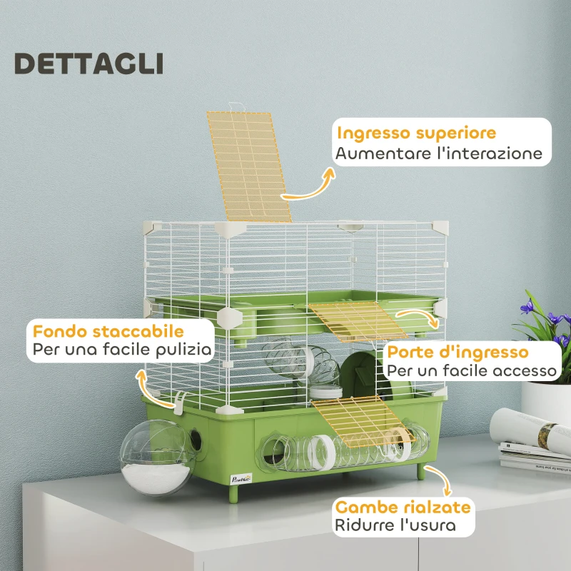 PawHut Gabbia per Criceti a 2 Livelli e 3 Porte con Ruota e Tubi, in Acciaio, PS e PP, 44.5x28x44 cm, Verde e Bianco