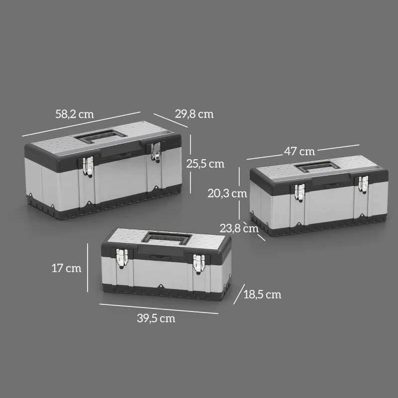 HOMCOM 3-delige Gereedschapskist Set, Roestvrij Staal, Kunststof, Zilverkleurig