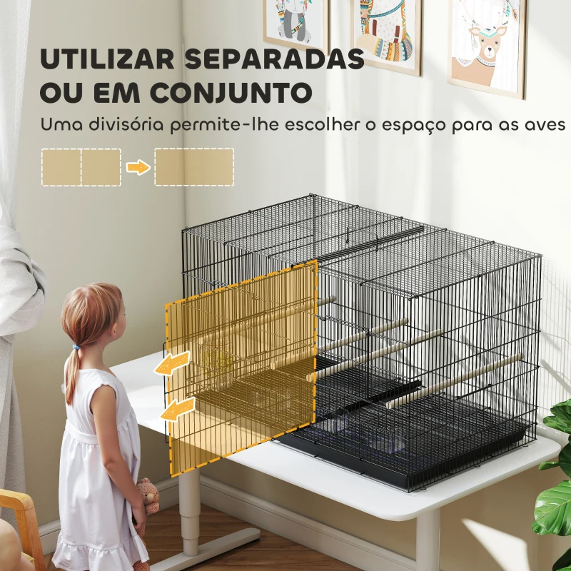 PawHut Gaiola para Pássaros com Divisória com Comedouros Poleiros e Bandeja Removível 94x57x57 cm  Preto