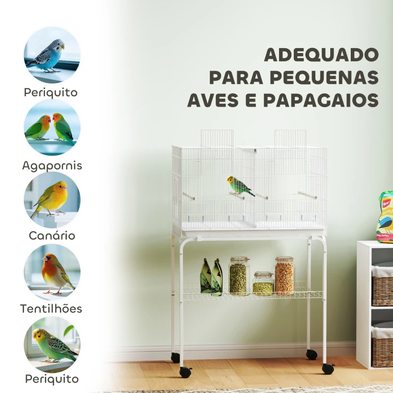 PawHut Gaiola para Pássaros com Divisória Rodas Gaiola para Aves com Comedouros Poleiros e Bandeja Removível 76x46x116 cm Branco