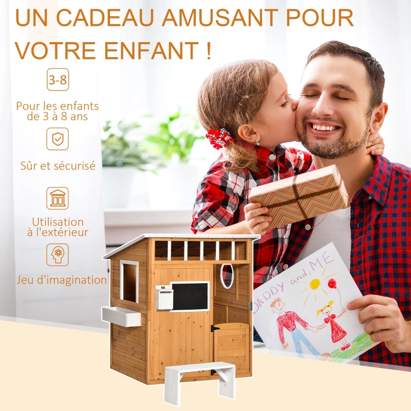 Outsunny Cabane de jeu pour enfant maison de jardin en bois porte et fenêtres, banc, boite aux lettres, tableau, de 3 à 8 ans