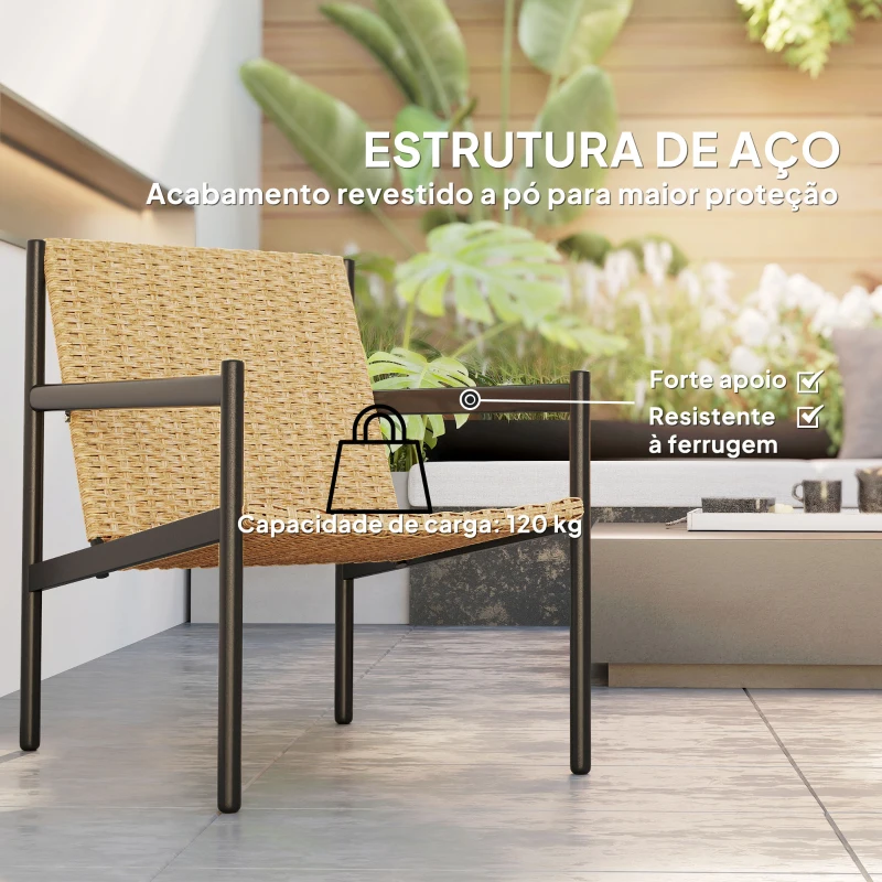 Outsunny Cadeira de Jardim em Vime com Apoios de Braços Encosto Inclinado e Estrutura de Aço 61x74x81 cm Madeira
