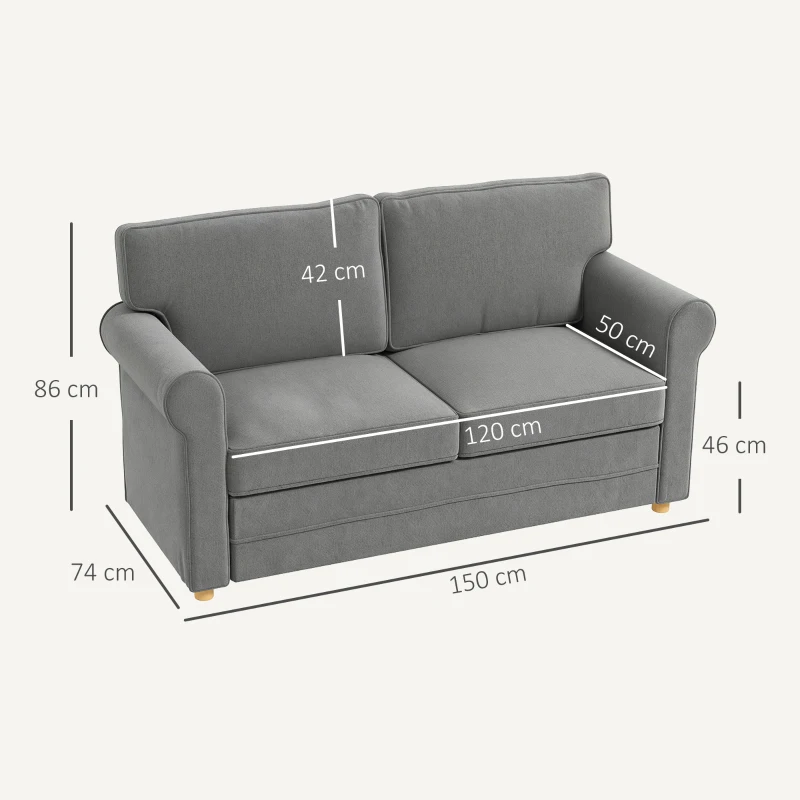 HOMCOM 2-Sitzer-Sofa, Kompakte Wohnzimmercouch, Stoff in Leinenoptik, weiche Sitzkissen, Stahlrahmen, Dunkelgrau(m-3)