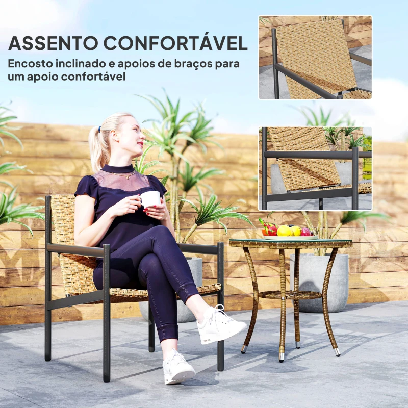 Outsunny Cadeira de Jardim em Vime com Apoios de Braços Encosto Inclinado e Estrutura de Aço 61x74x81 cm Madeira