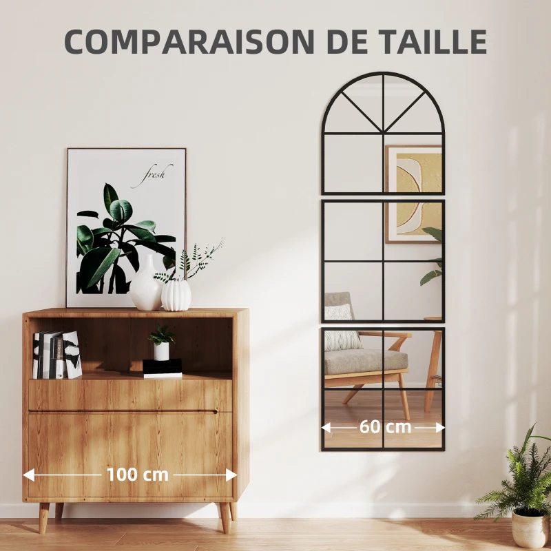 HOMCOM Miroir mural arqué 60 x 180 cm forme fenêtre avec cadre métallique, pour salon, chambre, couloir, noir