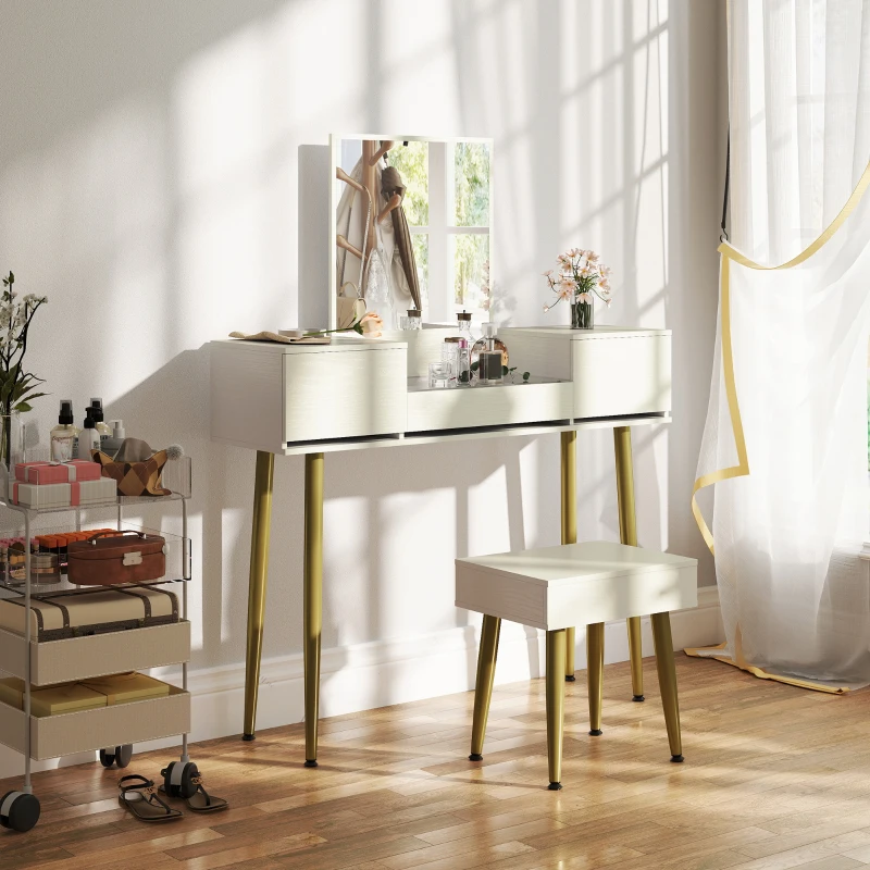 HOMCOM Coiffeuse avec miroir et tabouret avec 3 tiroirs et pieds en métal, plateau en verre trempé, blanc