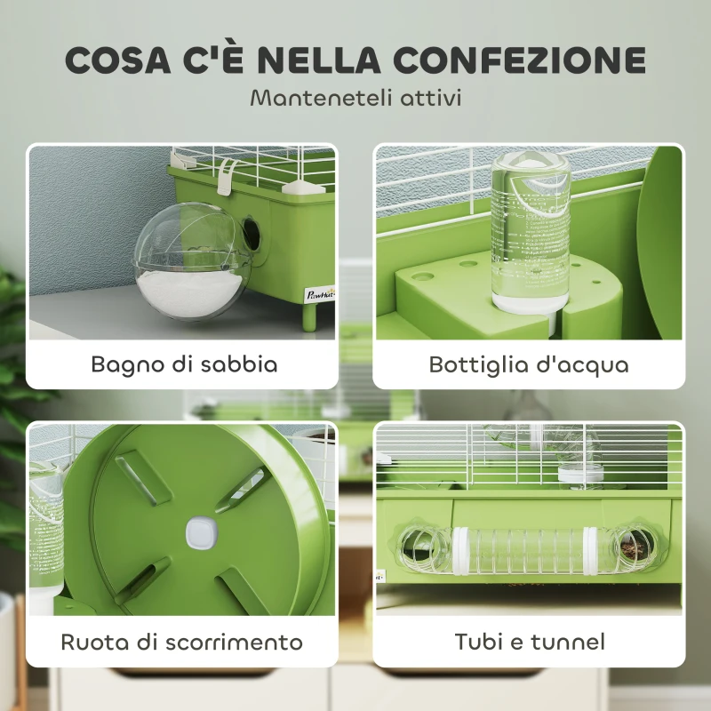 PawHut Gabbia per Criceti a 2 Livelli e 3 Porte con Ruota e Tubi, in Acciaio, PS e PP, 44.5x28x44 cm, Verde e Bianco