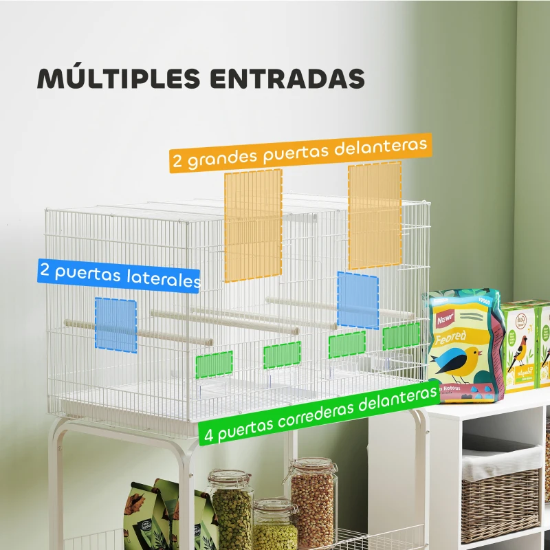 PawHut Jaula para Pájaros con Divisor Comederos Bandeja Extraíble y Soporte para Canarios y Periquitos 76x46x46/116 cm Blanco