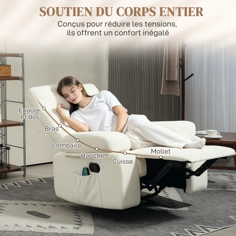 HOMCOM Fauteuil de massage fauteuil relax électrique avec fonction inclinable vibration chauffage, télécommande inclus, crème
