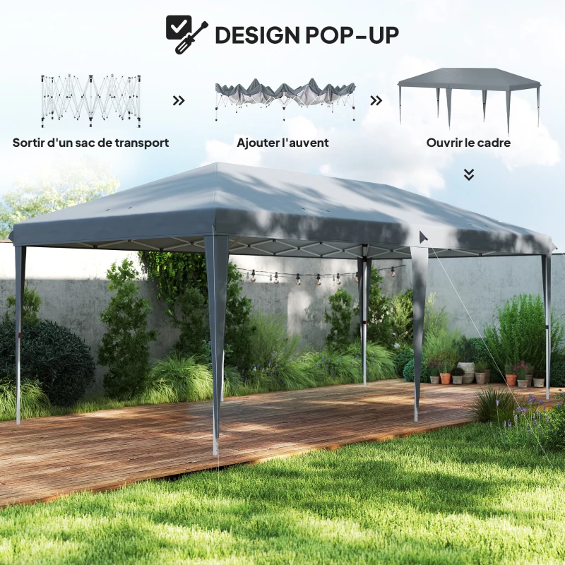 Outsunny Tonnelle 6 x 3 m barnum de jardin pop-up pliant sac inclus acier époxy oxford haute densité gris clair
