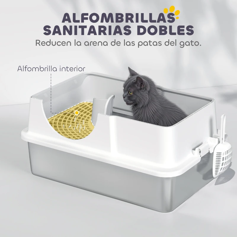PawHut Arenero para Gatos Cubierto con Bandeja de Acero Inoxidable Tapa Extraíble Bordes Altos Fácil de Limpiar Blanco
