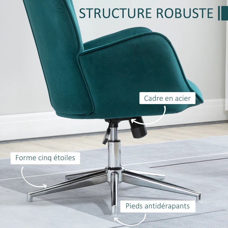 HOMCOM Fauteuil de salon pivotant avec hauteur réglable, dossier capitonné, tissu aspect velours, bleu