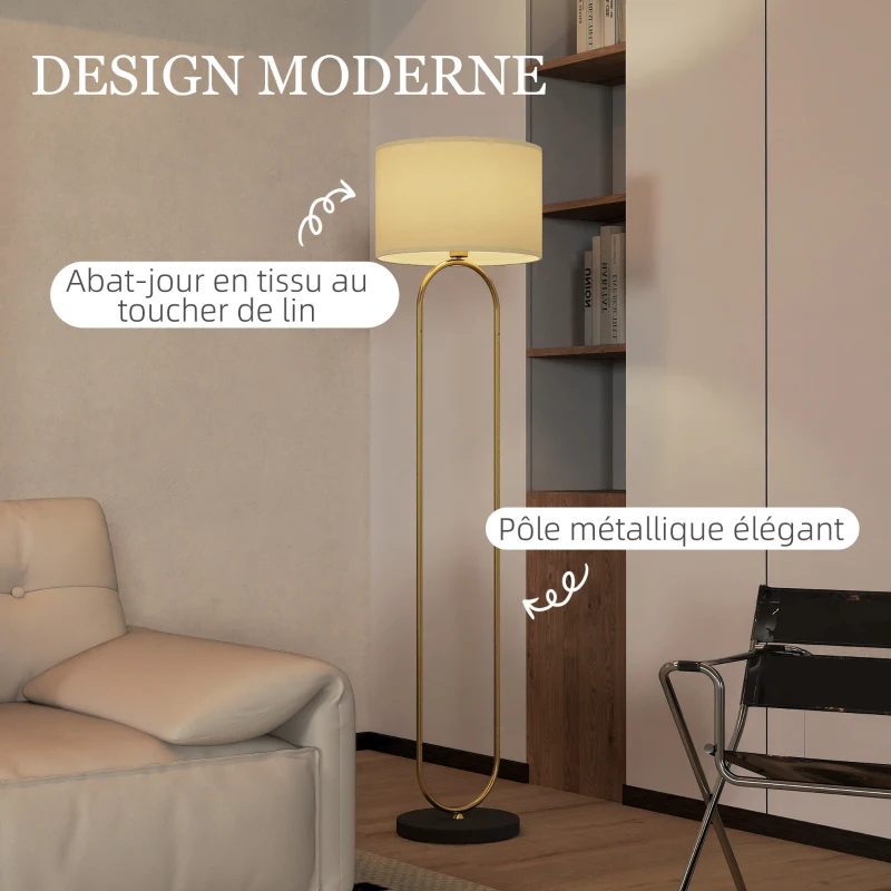 HOMCOM Lampadaire abat-jour en lin douille E27 style moderne interrupteur à pied pour salon et chambre 156 cm doré et noir