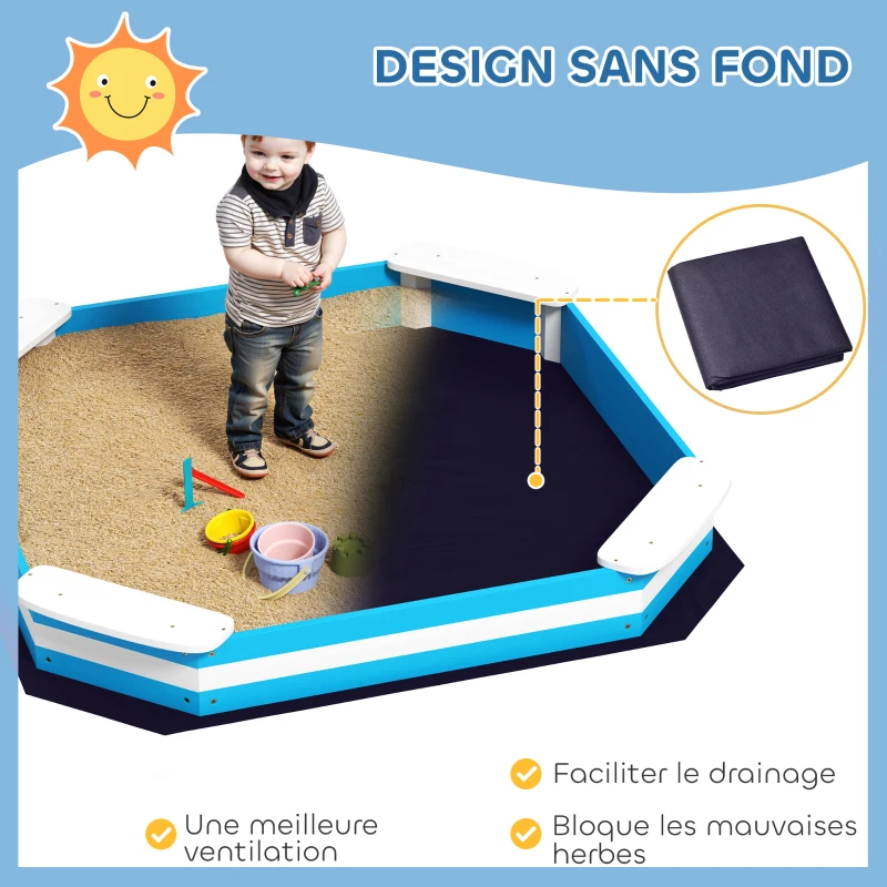 AIYAPLAY Bac à sable en bois, bac à sable pour enfants 3-6 ans avec 4 sièges, 133 x 133 x 16 cm, bleu