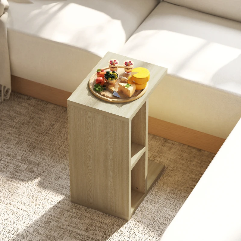 HOMCOM Table d'appoint 3 niveaux en forme de C avec 2 compartiments ouverts, 40 x 29,8 x 60 cm, chêne