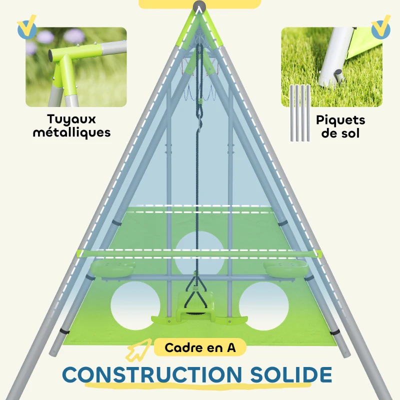 AIYAPLAY Portique balancoire enfant 4 en 1 avec sièges et face à face, panier de basket-ball et but de football, charge 135 kg