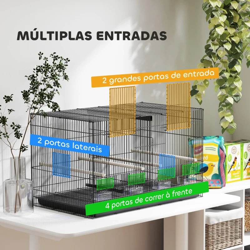 PawHut Gaiola para Pássaros com Divisória com Comedouros Poleiros e Bandeja Removível 94x57x57 cm  Preto