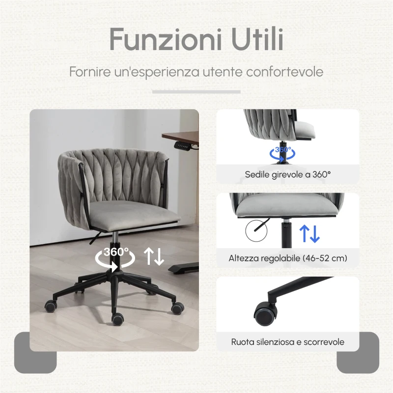 Sedia da Ufficio Morbida in Velluto per Trucco, Poltrona da Soggiorno Girevole ed Ergonomica,Regolabile in Altezza,Grigio
