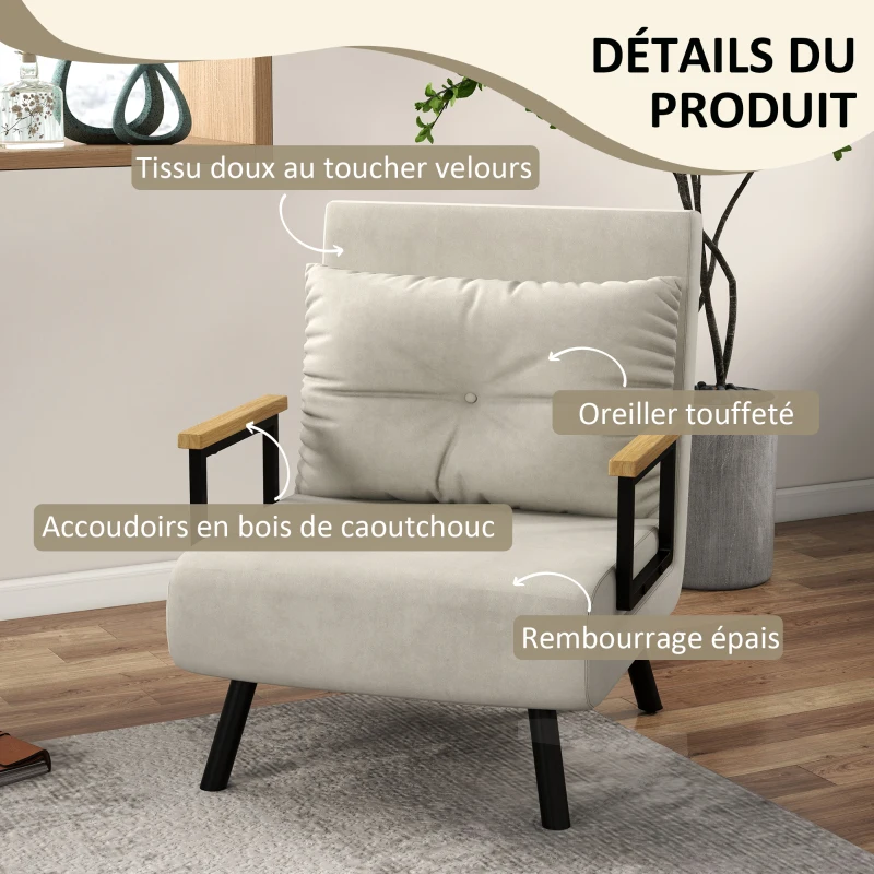 HOMCOM Fauteuil convertible 4 en 1 lit 1 place dossier 5 positions, accoudoirs en bois et coussin, tissu effet velours, crème