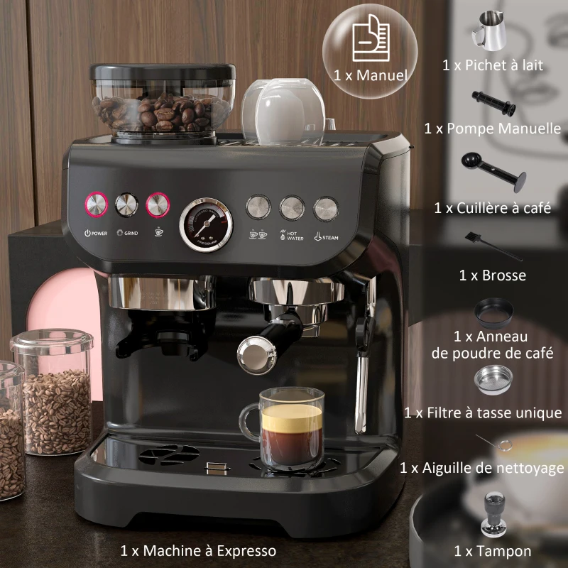 HOMCOM Machine à expresso 1600W avec moulin à grains, buse vapeur, pompe italienne 15 bars, réservoir d'eau 2 L, noir