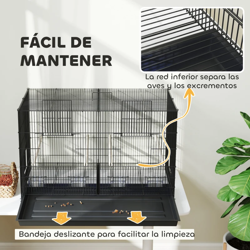 PawHut Jaula para Pájaros con Divisor 4 Comederos 4 Perchas Bandeja Extraíble para Loros Canarios Periquitos 94x57x57 cm Negro