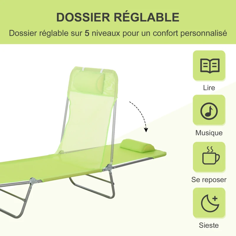 Homcom Chaise Longue Pliante Bain de Soleil inclinable transat textilene lit Jardin Plage Vert