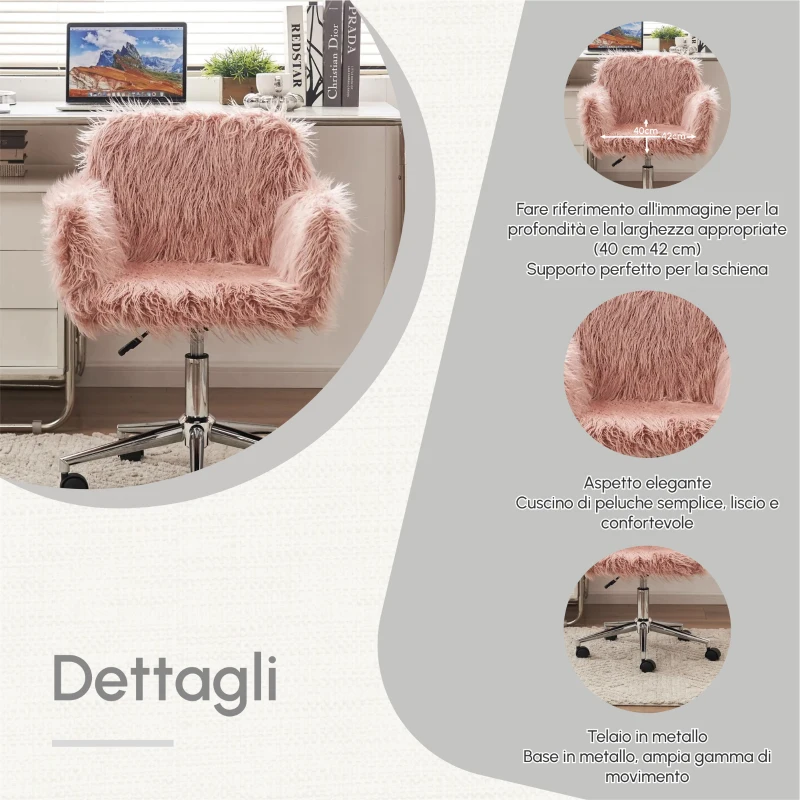 Sedia Girevole da Ufficio Ergonomica per Trucco o Studio con Altezza Regolabile, Sedia da scrivania in Metallo,Rosa