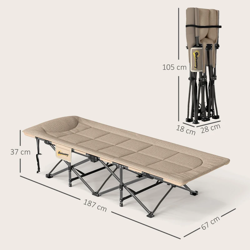 Outsunny Folding Camping Bed for Adults with Cushion, Heavy Duty Portable Travel Camping Cot with Headrest, Side Pocket and Non-Slip Foot Pads for Outdoor Beach Travel Office, Khaki