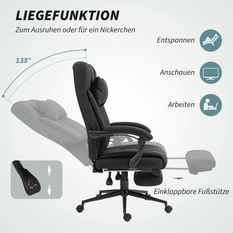 Vinsetto Bürostuhl mit Fußstütze, Schreibtischstuhl, Drehstuhl mit Kopfstütze, Schwarz(m-5)
