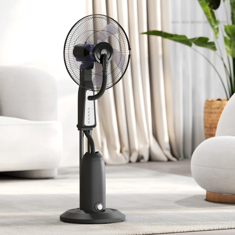 HOMCOM Ventilator mit Sprühnebelfunktion, 3 Liter-Tank, 75 Grad drehbar, 3 Geschwindigkeiten, rollbar, 125 cm, Schwarz