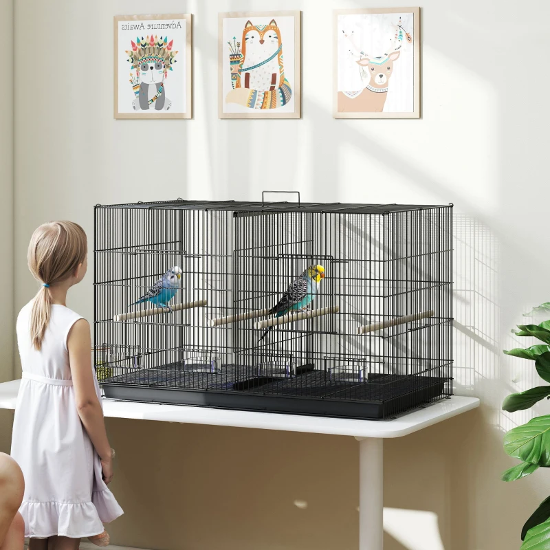 PawHut Jaula para Pájaros con Divisor 4 Comederos 4 Perchas Bandeja Extraíble para Loros Canarios Periquitos 94x57x57 cm Negro