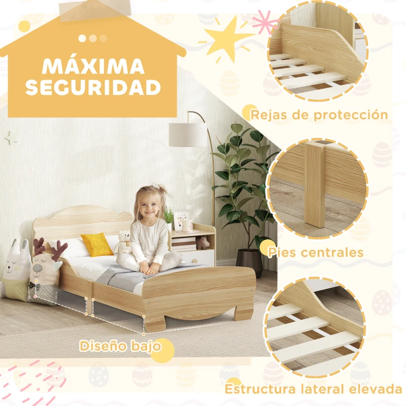 AIYAPLAY Cama Infantil de Madera con Barandillas y Diseño de Oso Estructura Baja para Niños de 3-6 Años 143,5x80x55 cm Natural