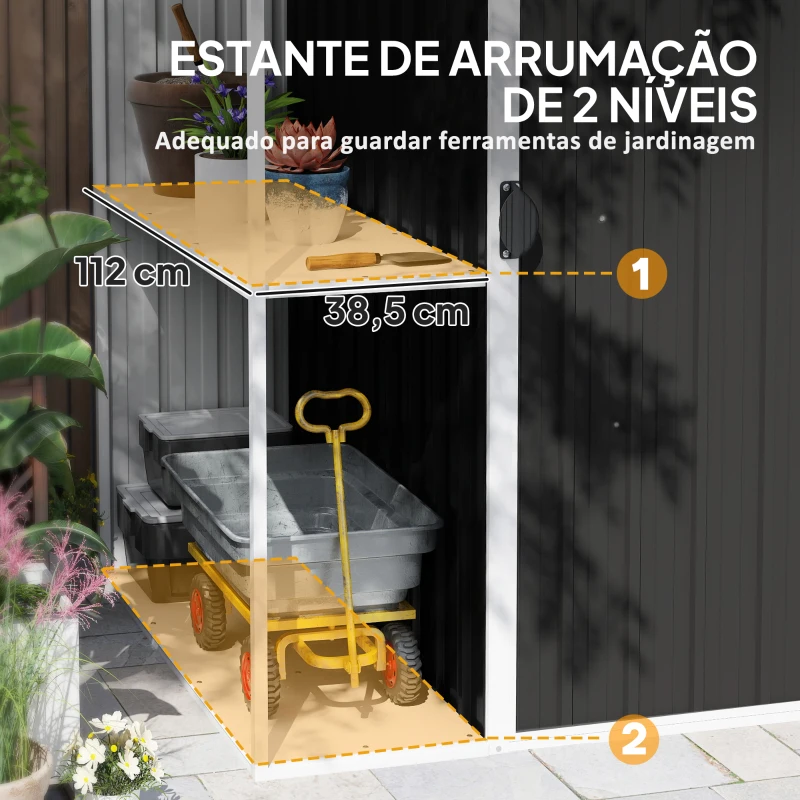 Outsunny Abrigo de Jardim 2,7m² 245x117x180 cm Abrigo de Exterior com Prateleira de 2 Níveis 4 Ventilações e Porta com Fechadura Cinzento Escuro