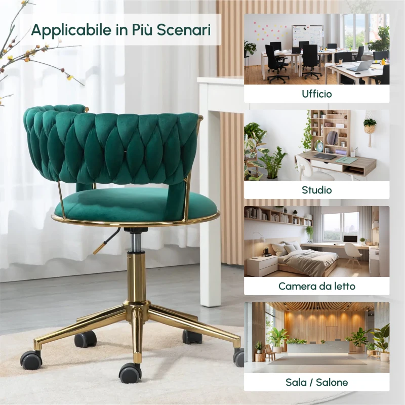 Sedia Girevole da ufficio e per Trucco o Salotto, Poltroncina in Velluto con Altezza Regolabile, per Sedia da Studio, Verde