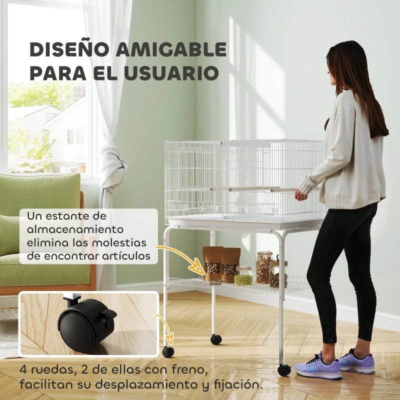 PawHut Jaula para Pájaros con Divisor Comederos Bandeja Extraíble y Soporte para Canarios y Periquitos 76x46x46/116 cm Blanco
