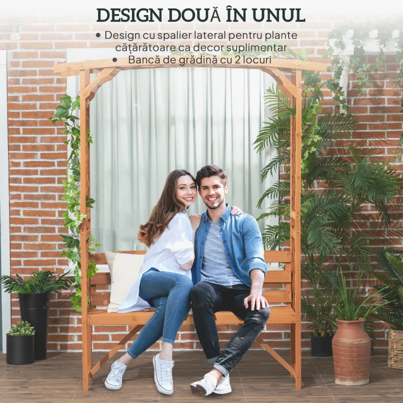 Outsunny Banca de gradina din lemn de brad cu arc decorativ pentru plante si ghivece, 160x50x198 cm, maro